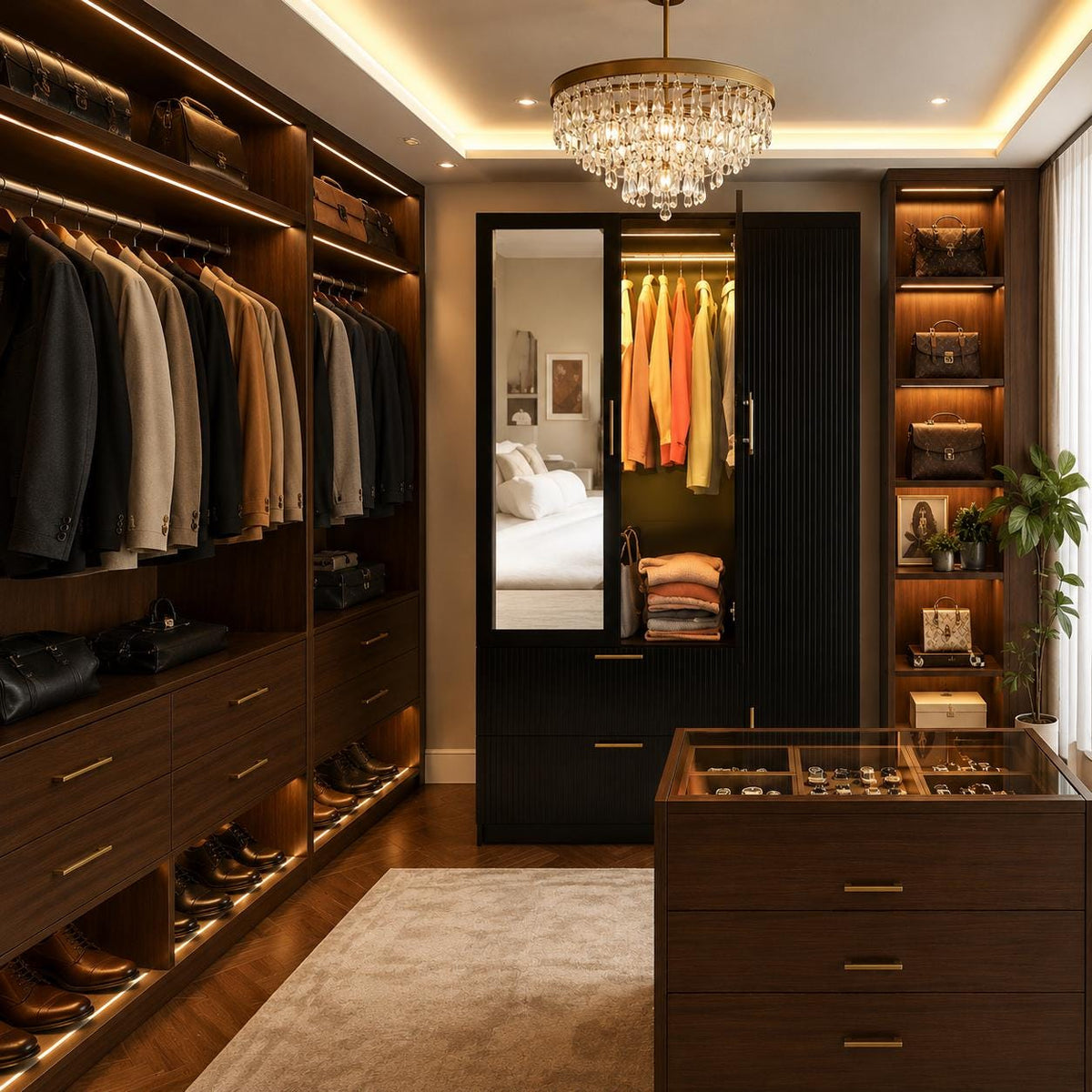 Fluted Style 3 Door Wardrobe Closet with Mirror & LED Lights, Modern Wooden Armoire with Drawers, Bedroom Storage Cabinet with Hanging Rod,
