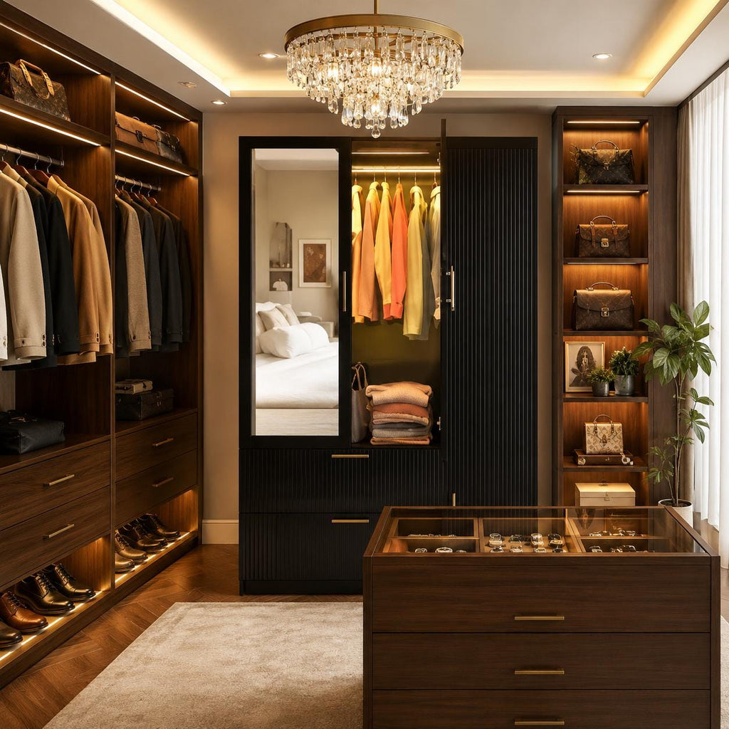 Fluted Style 3 Door Wardrobe Closet with Mirror & LED Lights, Modern Wooden Armoire with Drawers, Bedroom Storage Cabinet with Hanging Rod,