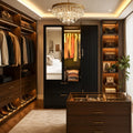 Fluted Style 3 Door Wardrobe Closet with Mirror & LED Lights, Modern Wooden Armoire with Drawers, Bedroom Storage Cabinet with Hanging Rod,