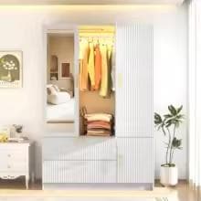 Fluted Style 3 Door Wardrobe Closet with Mirror & LED Lights, Modern Wooden Armoire with Drawers, Bedroom Storage Cabinet with Hanging Rod,