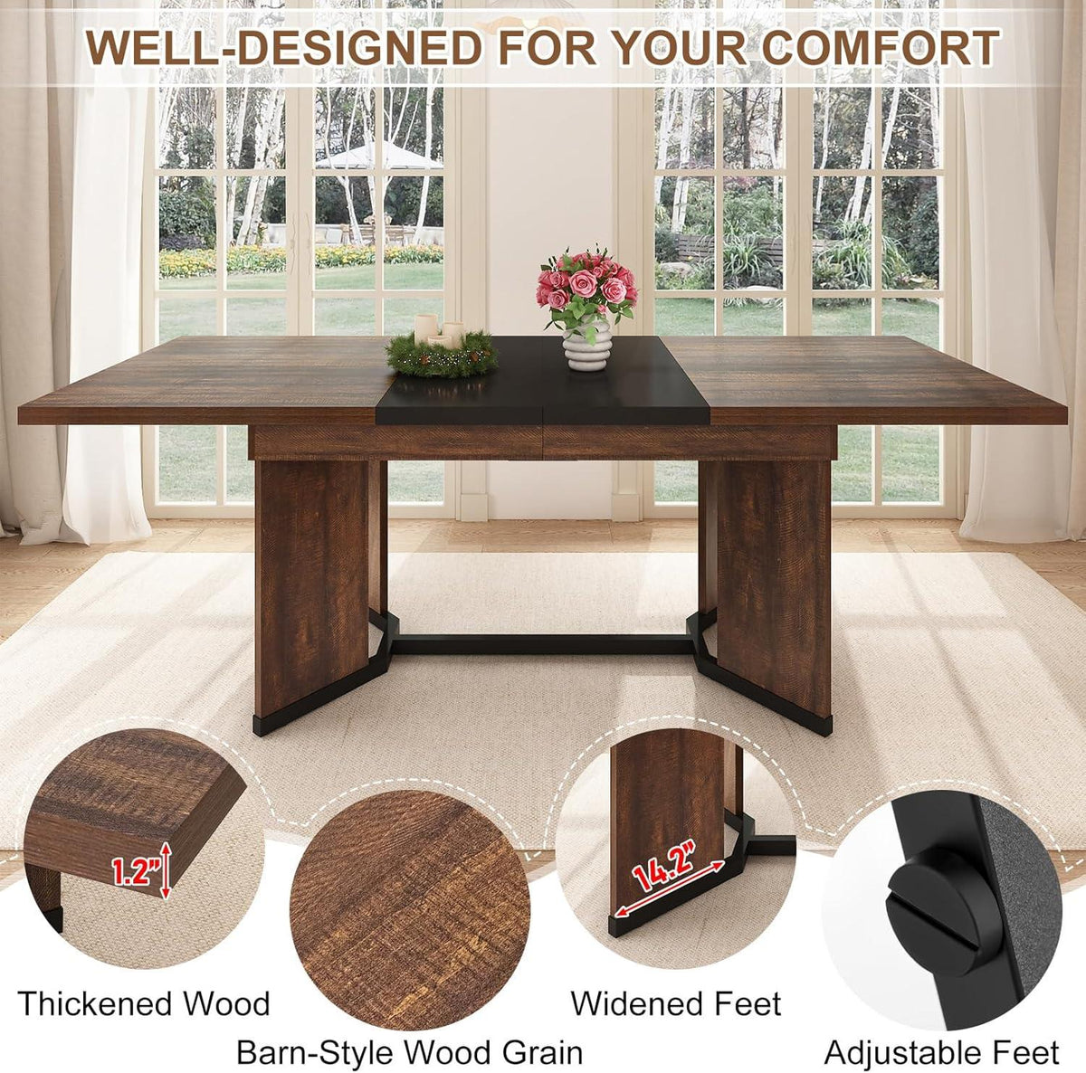 Extendable Farmhouse Dining Table, Seats 6-10, Rectangular Wooden Kitchen Table