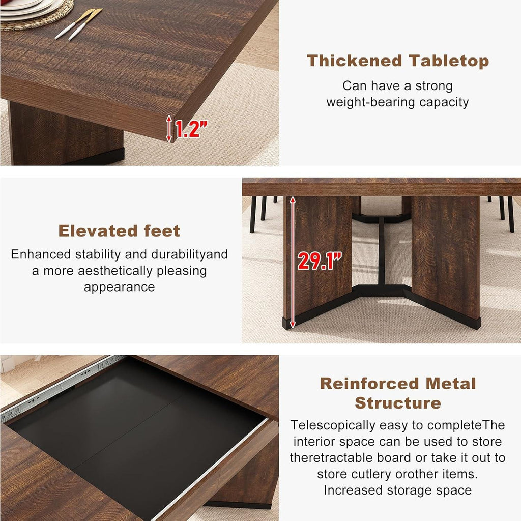 Extendable Farmhouse Dining Table, Seats 6-10, Rectangular Wooden Kitchen Table