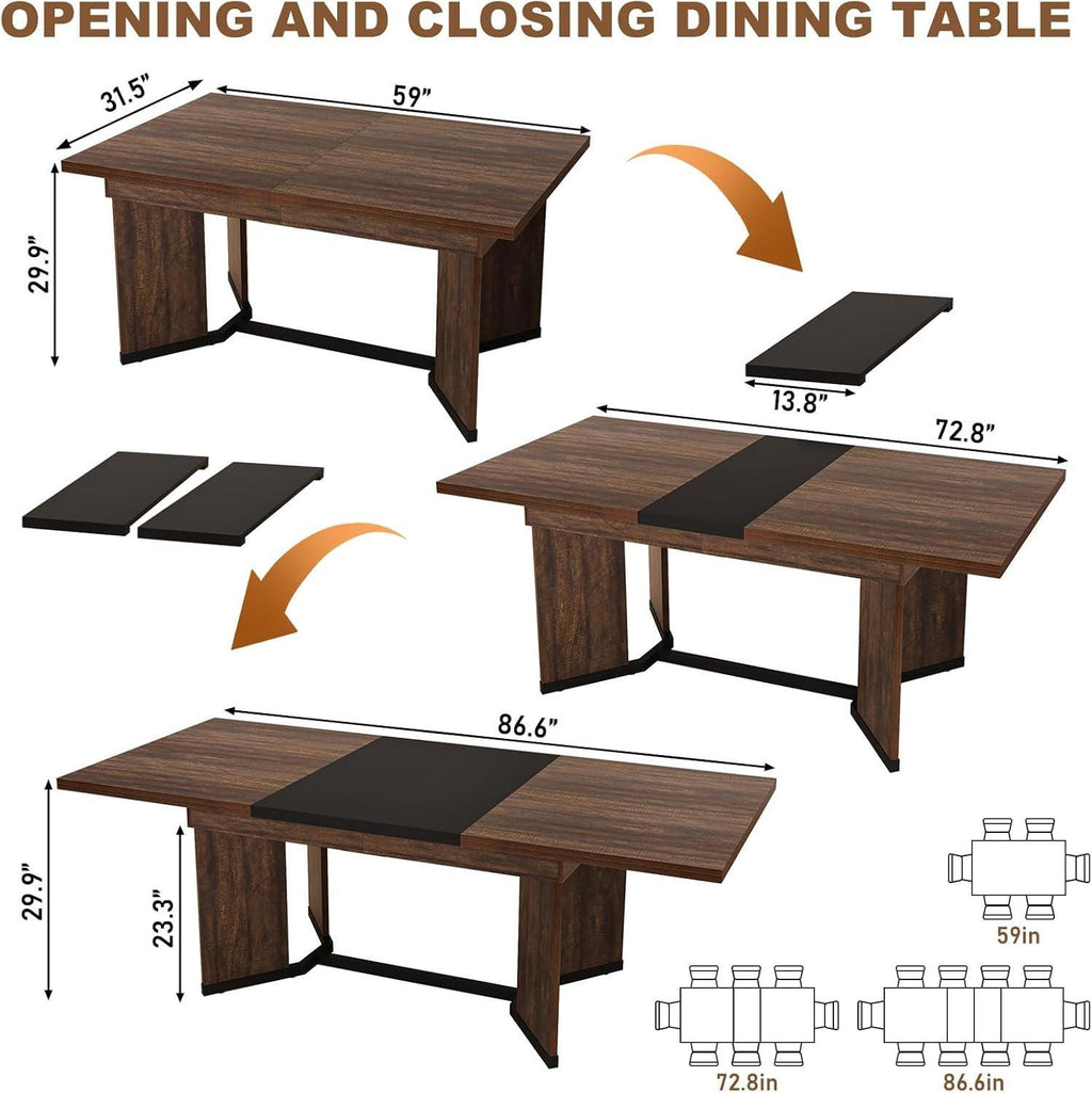 Extendable Farmhouse Dining Table, Seats 6-10, Rectangular Wooden Kitchen Table