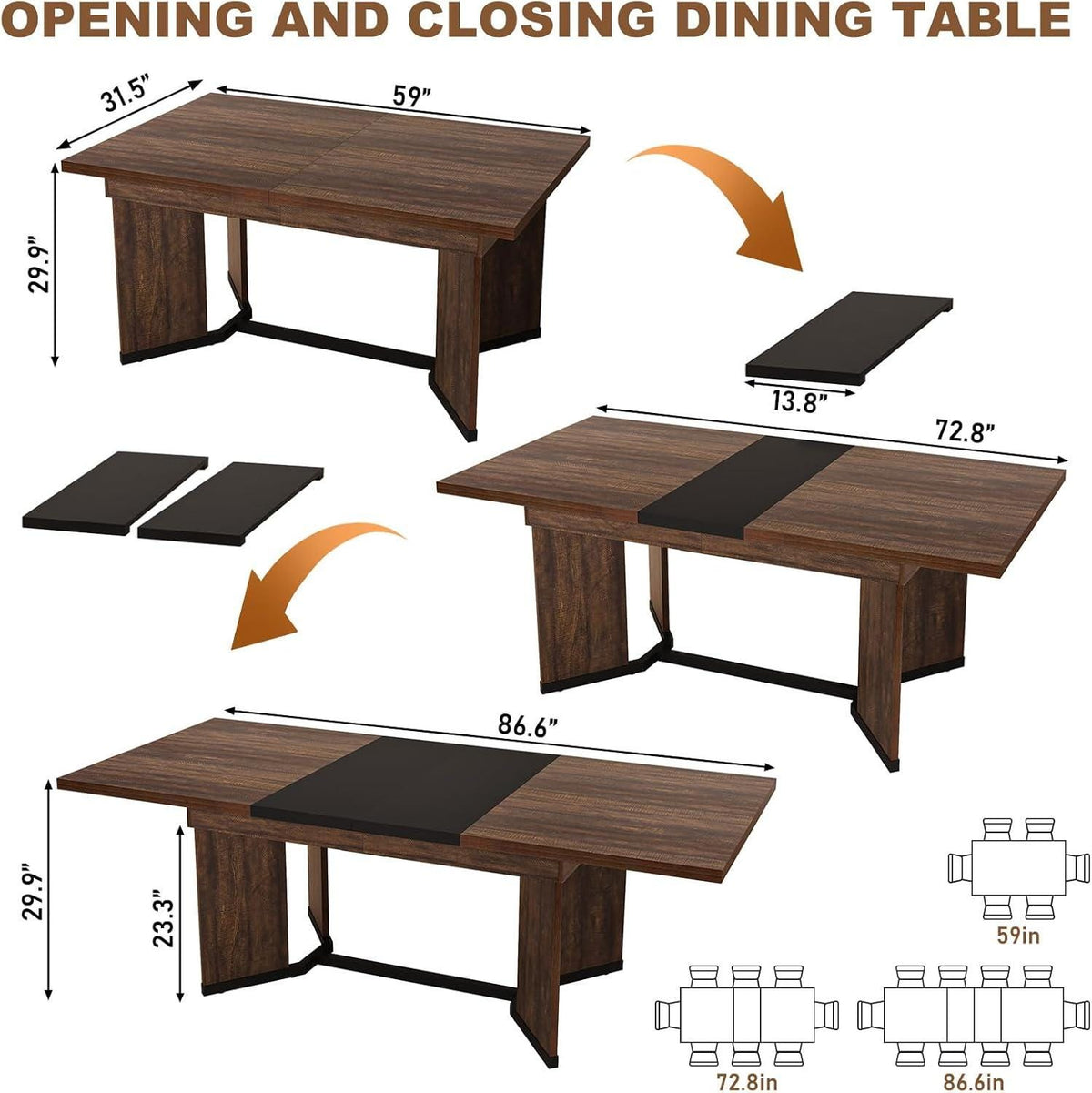 Extendable Farmhouse Dining Table, Seats 6-10, Rectangular Wooden Kitchen Table