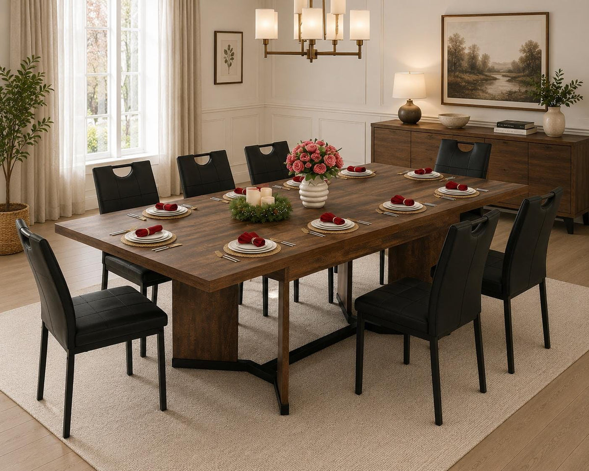 Extendable Farmhouse Dining Table, Seats 6-10, Rectangular Wooden Kitchen Table