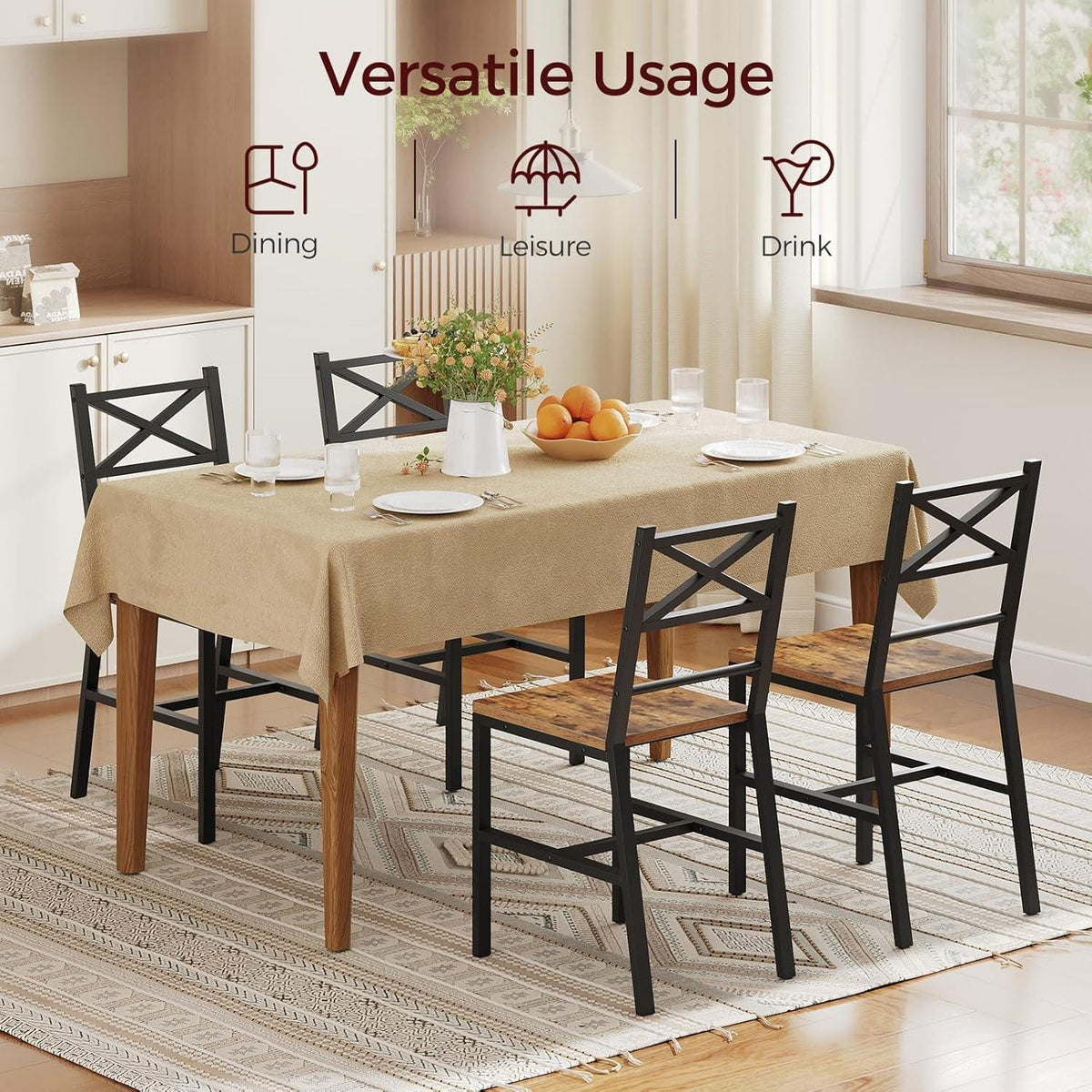 Dining Chair Set of 4, Rustic Farmhouse Kitchen Chairs with Backrest, Industrial Metal Frame Dining Chairs, Easy Assembly