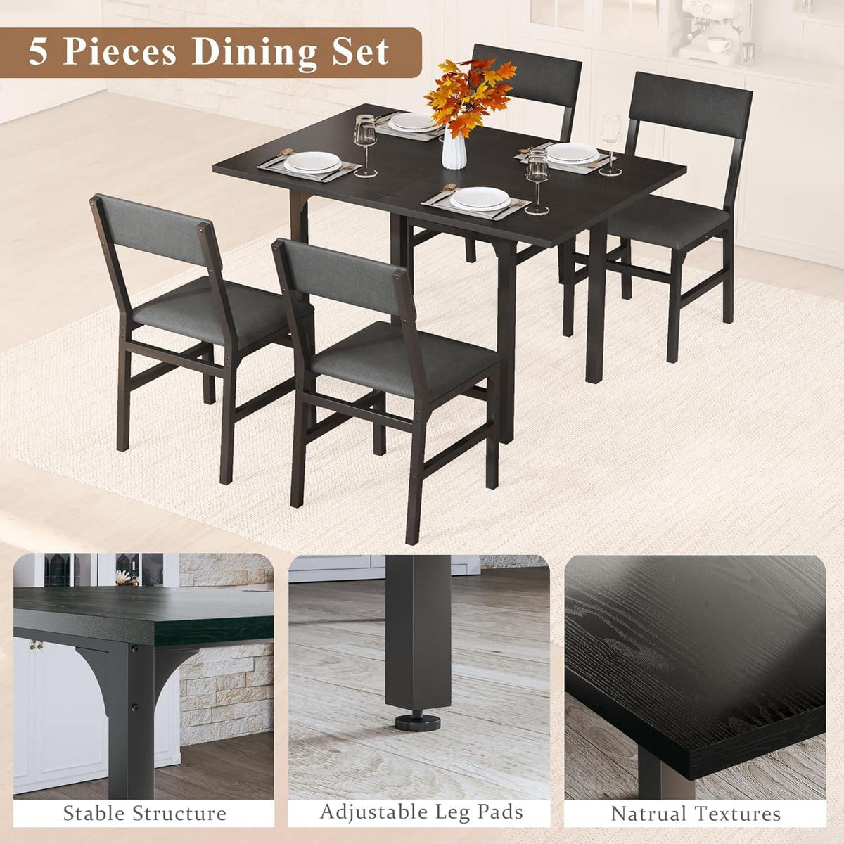 Extendable Dining Table Set for 4, Contemporary Kitchen Furniture, MDF Top, Metal Frame