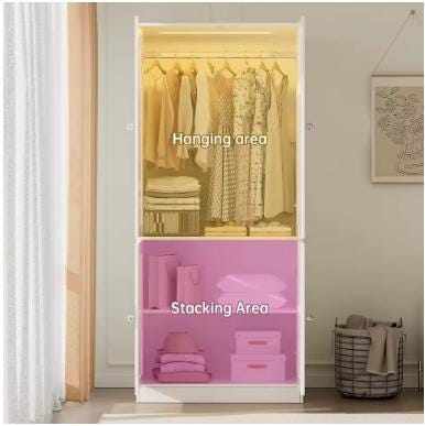 75" Tall Armoire Wardrobe Closet with Drawers & Lights, Clothing Storage Cabinet with 2 Glass Doors Hanging Rod,, Customized
