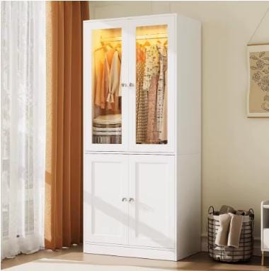 75" Tall Armoire Wardrobe Closet with Drawers & Lights, Clothing Storage Cabinet with 2 Glass Doors Hanging Rod,, Customized
