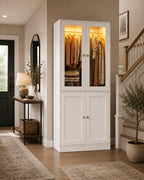 75" Tall Armoire Wardrobe Closet with Drawers & Lights, Clothing Storage Cabinet with 2 Glass Doors Hanging Rod,, Customized