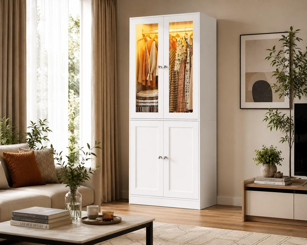 75" Tall Armoire Wardrobe Closet with Drawers & Lights, Clothing Storage Cabinet with 2 Glass Doors Hanging Rod,, Customized