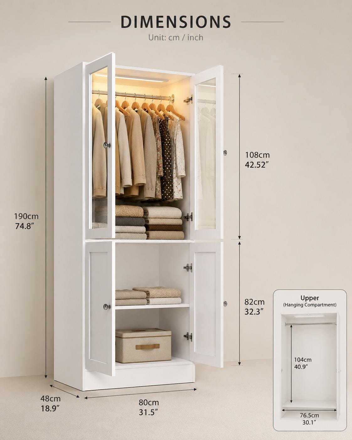 75" Tall Armoire Wardrobe Closet with Drawers & Lights, Clothing Storage Cabinet with 2 Glass Doors Hanging Rod,, Customized