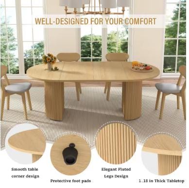in78 in Extendable Dining Room Table for 48, Round Expandable Kitchen Table with Fluted Base, Modern Farmhouse Oval Dinner Table