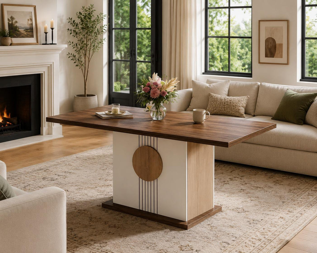 Farmhouse Wood Dining Table, Seats 4-6, Modern Rustic Design, 55 Inch Rectangular Kitchen Table