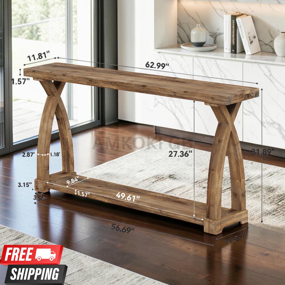 63" Solid Wood Farmhouse Console Table