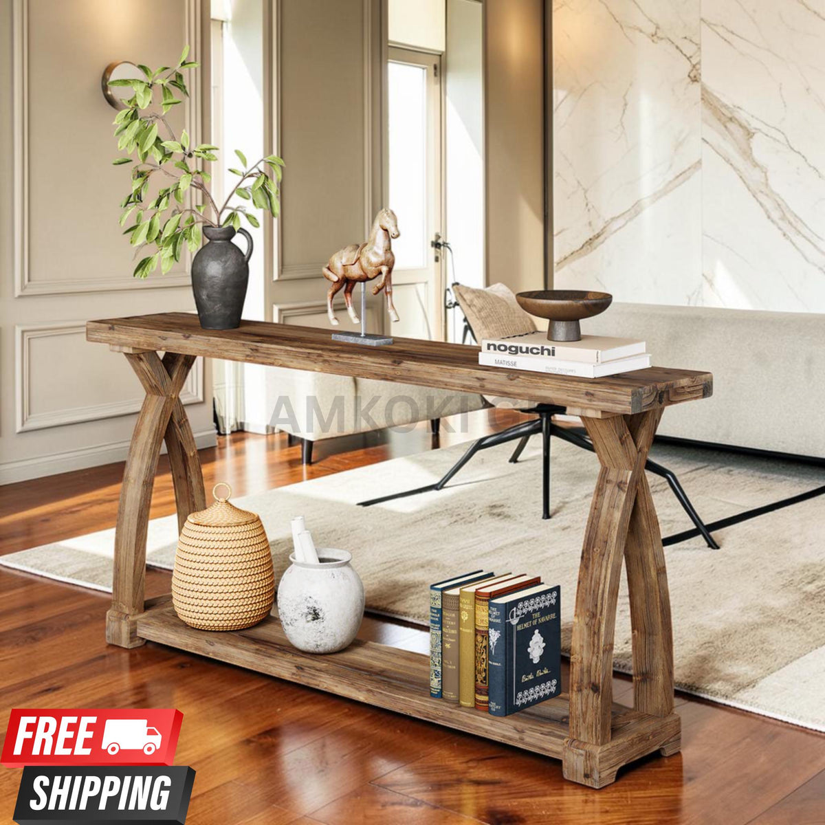 63" Solid Wood Farmhouse Console Table