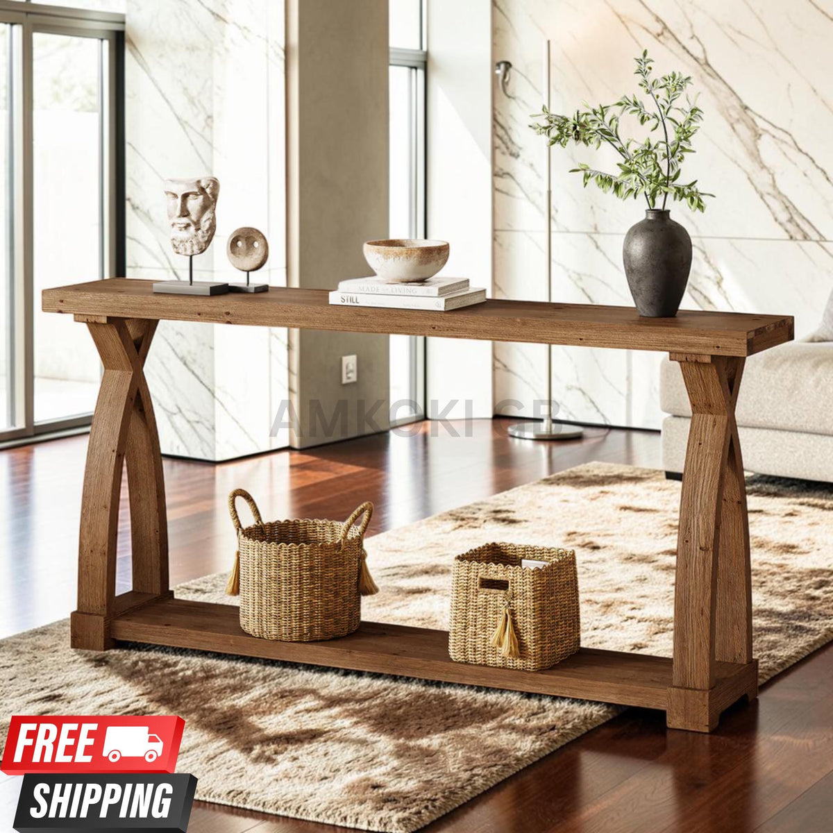 63" Solid Wood Farmhouse Console Table