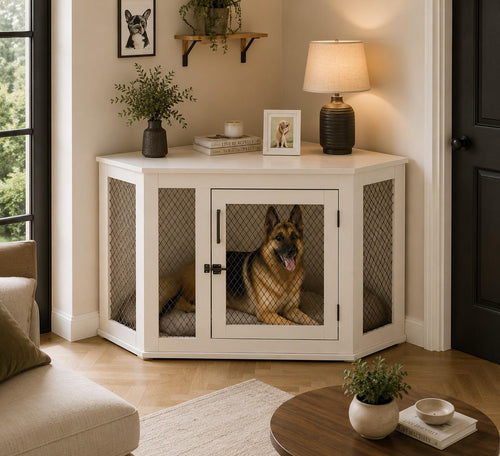 52in Corner Dog Crate Furniture Wooden Kennel with Mesh Indoor Small Medium Large Dogs, Custom