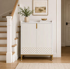 White Wood Shoe Cabinet with Doors, 5-Tier Storage, Gold Accents, Hallway Furniture