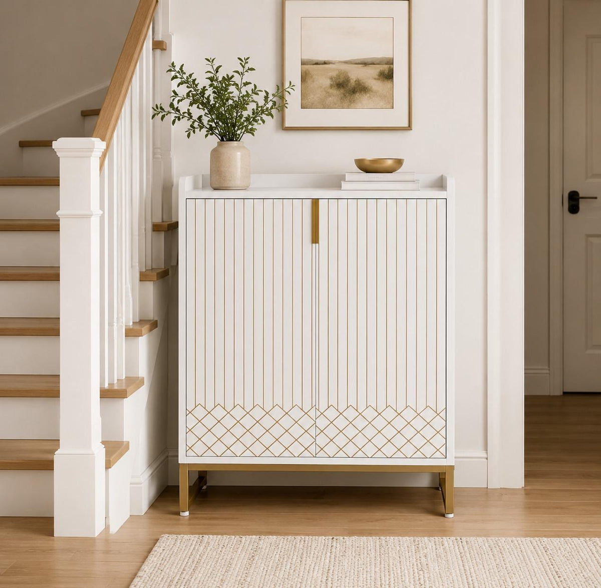 White Wood Shoe Cabinet with Doors, 5-Tier Storage, Gold Accents, Hallway Furniture