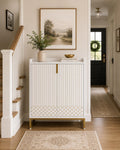 White Wood Shoe Cabinet with Doors, 5-Tier Storage, Gold Accents, Hallway Furniture