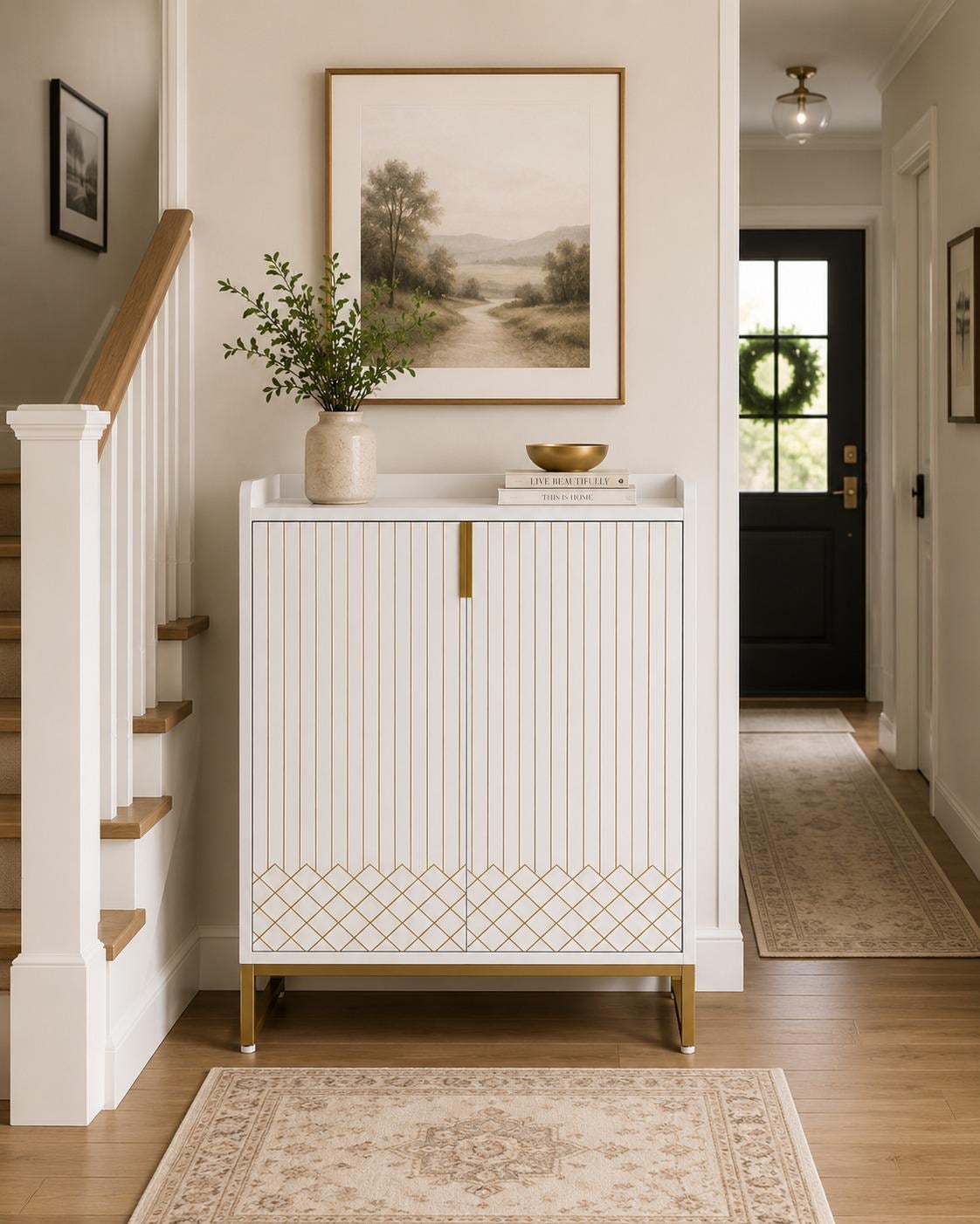 White Wood Shoe Cabinet with Doors, 5-Tier Storage, Gold Accents, Hallway Furniture