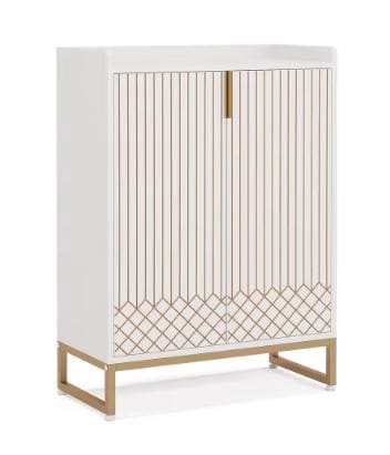 White Wood Shoe Cabinet with Doors, 5-Tier Storage, Gold Accents, Hallway Furniture