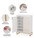 White Wood Shoe Cabinet with Doors, 5-Tier Storage, Gold Accents, Hallway Furniture