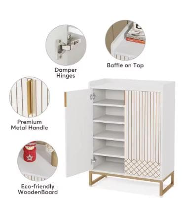 White Wood Shoe Cabinet with Doors, 5-Tier Storage, Gold Accents, Hallway Furniture