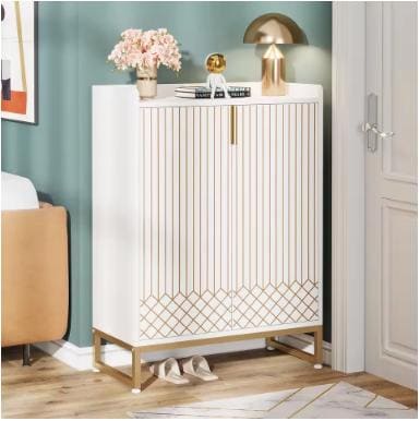 White Wood Shoe Cabinet with Doors, 5-Tier Storage, Gold Accents, Hallway Furniture