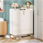 White Wood Shoe Cabinet with Doors, 5-Tier Storage, Gold Accents, Hallway Furniture