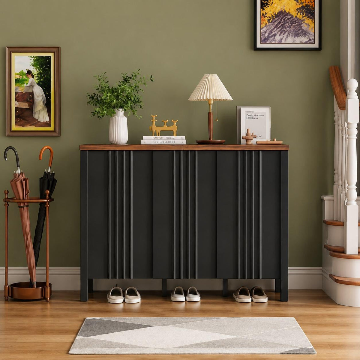 Narrow Wooden Shoe Cabinet with 3 Doors, Entryway Hidden Storage
