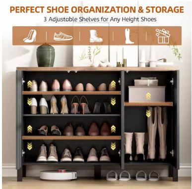 Narrow Wooden Shoe Cabinet with 3 Doors, Entryway Hidden Storage