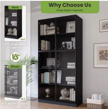 Tall Black Display Cabinet, 4 Glass Doors, 5-Tier Bookcase with LED Lights