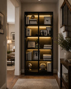 Tall Black Display Cabinet, 4 Glass Doors, 5-Tier Bookcase with LED Lights