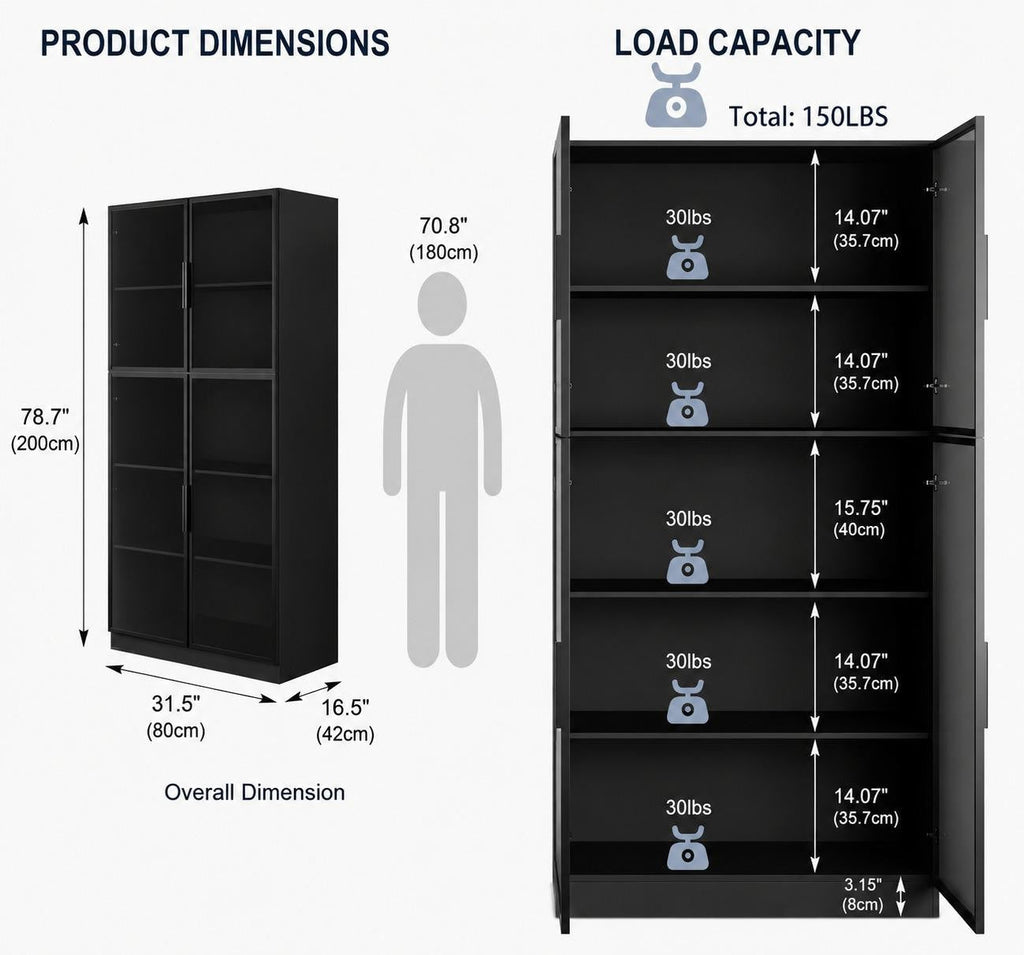 Tall Black Display Cabinet, 4 Glass Doors, 5-Tier Bookcase with LED Lights