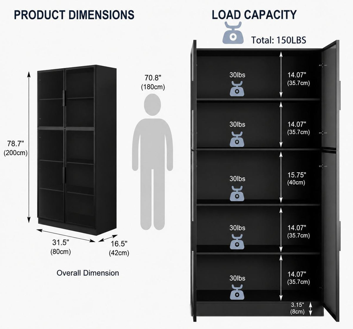 Tall Black Display Cabinet, 4 Glass Doors, 5-Tier Bookcase with LED Lights