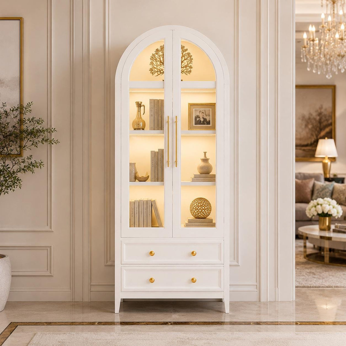 White Arched Curio Cabinet, LED Lighted Display Storage, Glass Doors, Drawers