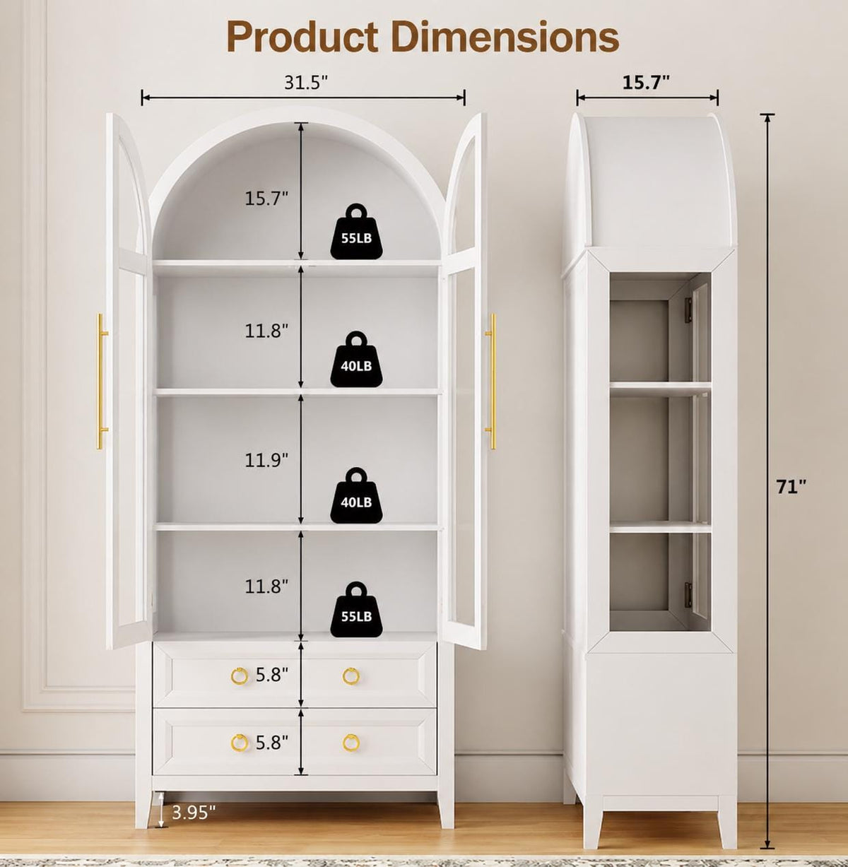 White Arched Curio Cabinet, LED Lighted Display Storage, Glass Doors, Drawers
