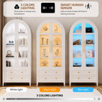 White Arched Curio Cabinet, LED Lighted Display Storage, Glass Doors, Drawers