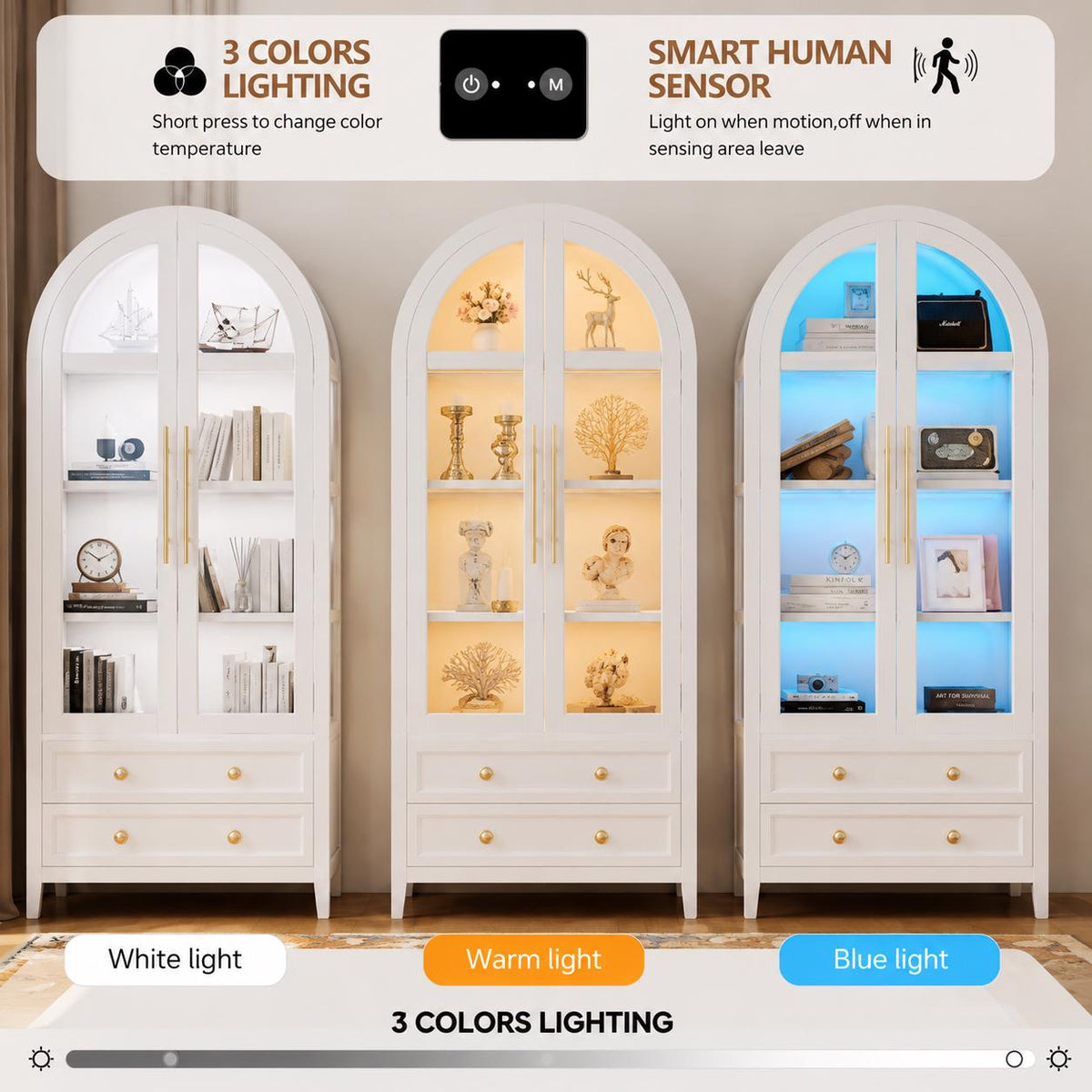 White Arched Curio Cabinet, LED Lighted Display Storage, Glass Doors, Drawers