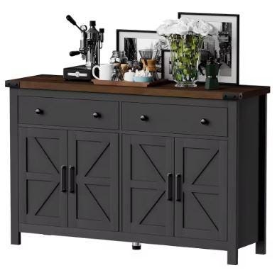 Modern Farmhouse Sideboard Cabinet, 55" Storage Buffet, 2 Drawers, 4 Barn Doors
