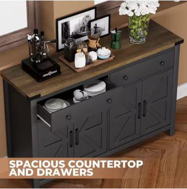 Modern Farmhouse Sideboard Cabinet, 55" Storage Buffet, 2 Drawers, 4 Barn Doors