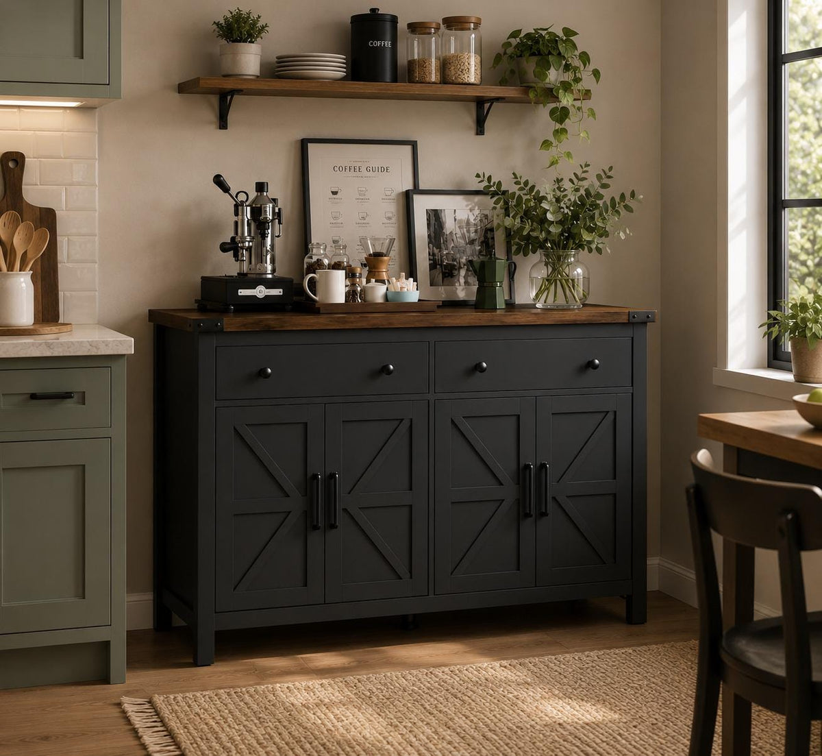 Modern Farmhouse Sideboard Cabinet, 55" Storage Buffet, 2 Drawers, 4 Barn Doors