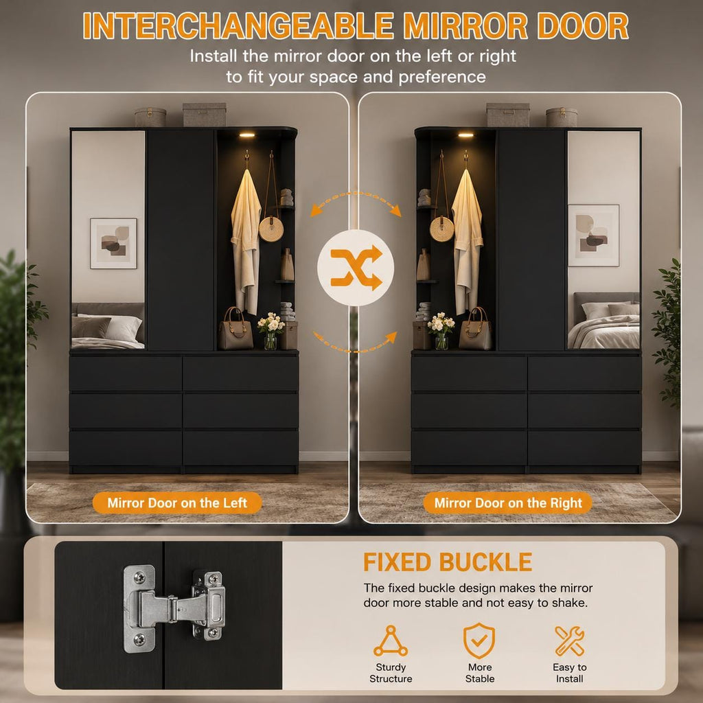 Modern Armoire Wardrobe Closet, Mirror Door, LED Lighting, 6 Drawers, Wooden Storage