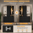 Modern Armoire Wardrobe Closet, Mirror Door, LED Lighting, 6 Drawers, Wooden Storage