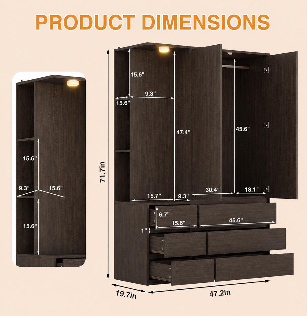 Modern Armoire Wardrobe Closet, Mirror Door, LED Lighting, 6 Drawers, Wooden Storage