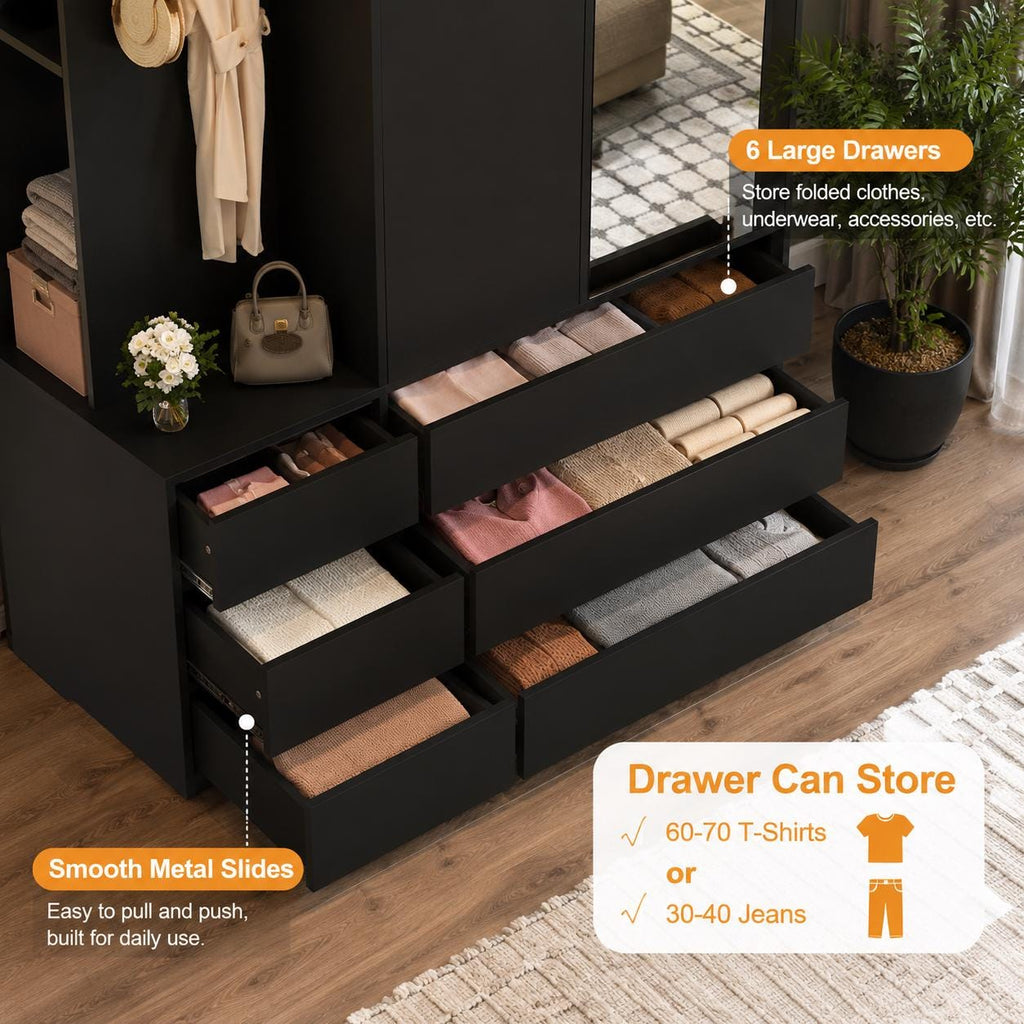 Modern Armoire Wardrobe Closet, Mirror Door, LED Lighting, 6 Drawers, Wooden Storage