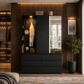 Modern Armoire Wardrobe Closet, Mirror Door, LED Lighting, 6 Drawers, Wooden Storage