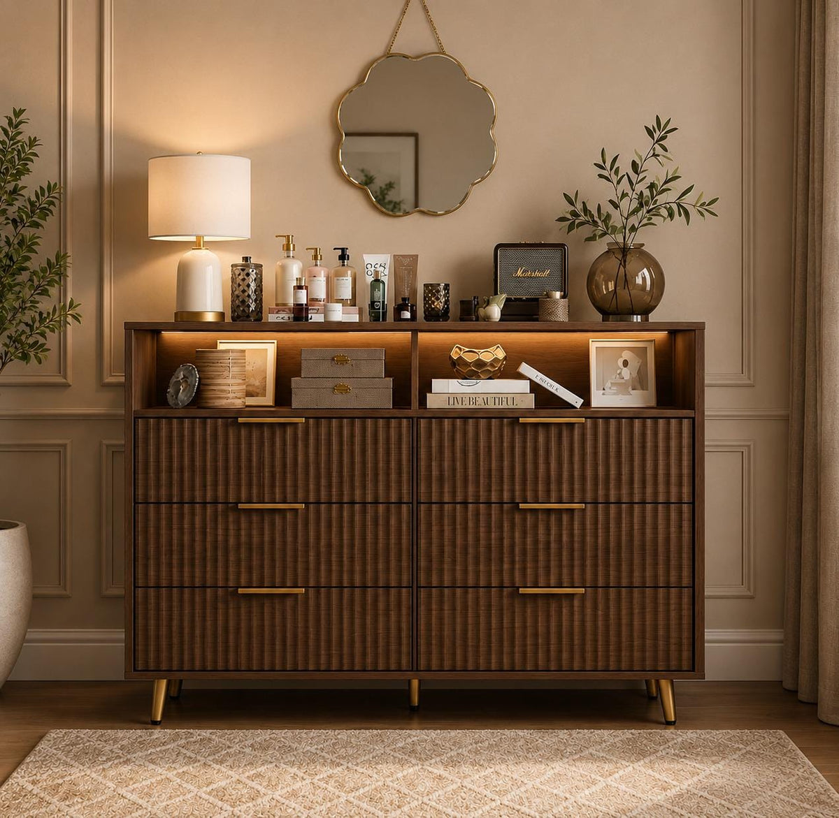 Modern Curved Fluted Wood Dresser With 6 Drawers LED Lights And Charging Station Gold Handles Chest Of Drawers For Bedroom And Living Room